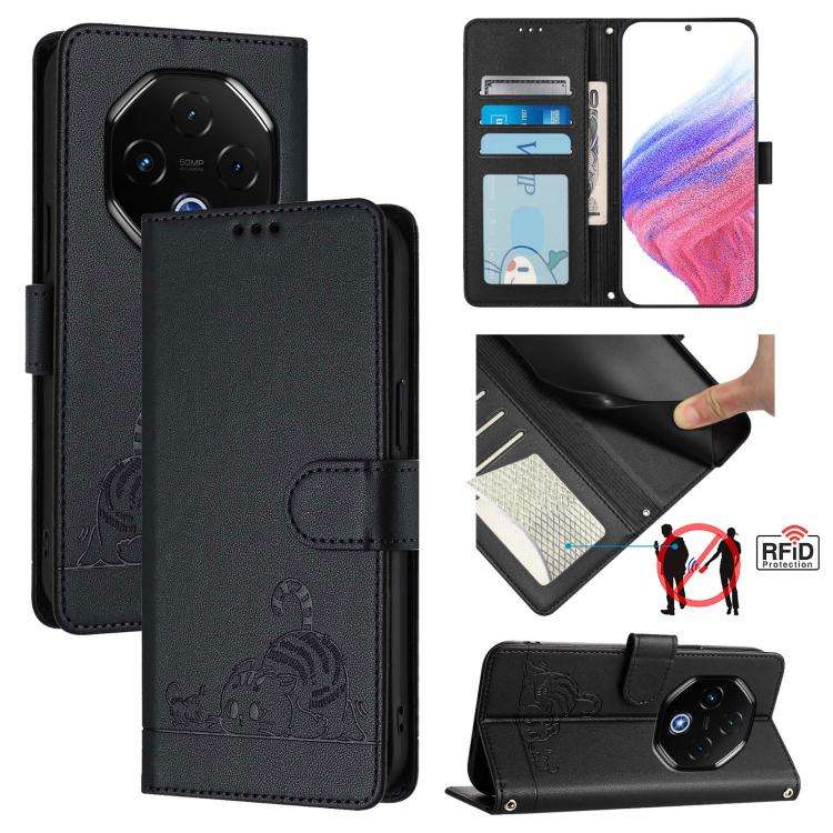For Umidigi G100 Pro Cat Rat Embossed RFID Leather Phone Case with Lanyard(Black)