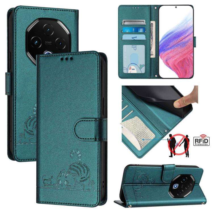 For Umidigi G100 Pro Cat Rat Embossed RFID Leather Phone Case with Lanyard(Peacock Green)