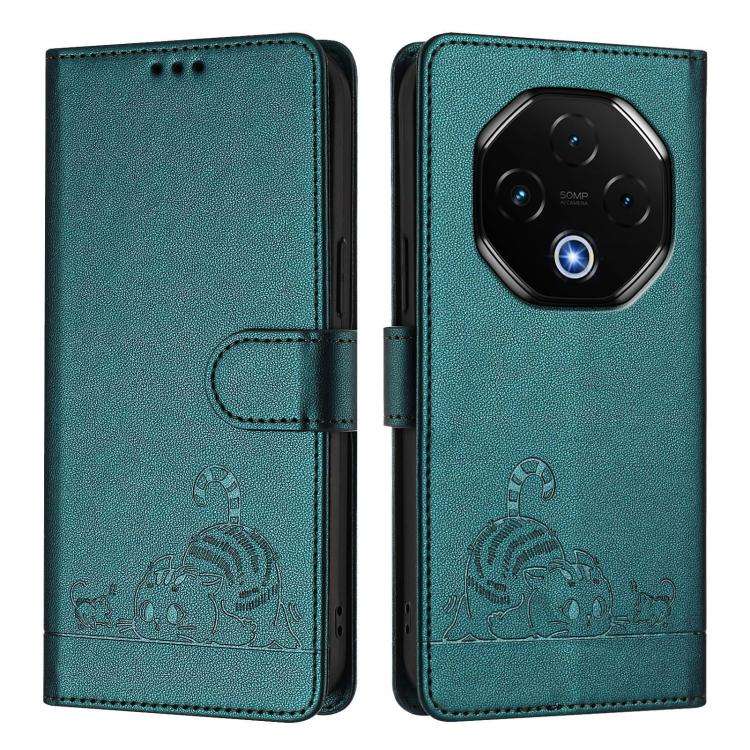 For Umidigi G100 Pro Cat Rat Embossed RFID Leather Phone Case with Lanyard(Peacock Green)