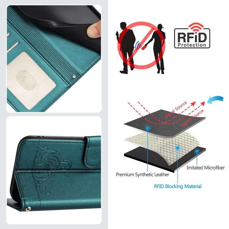 For Umidigi G100 Pro Cat Rat Embossed RFID Leather Phone Case with Lanyard(Peacock Green)
