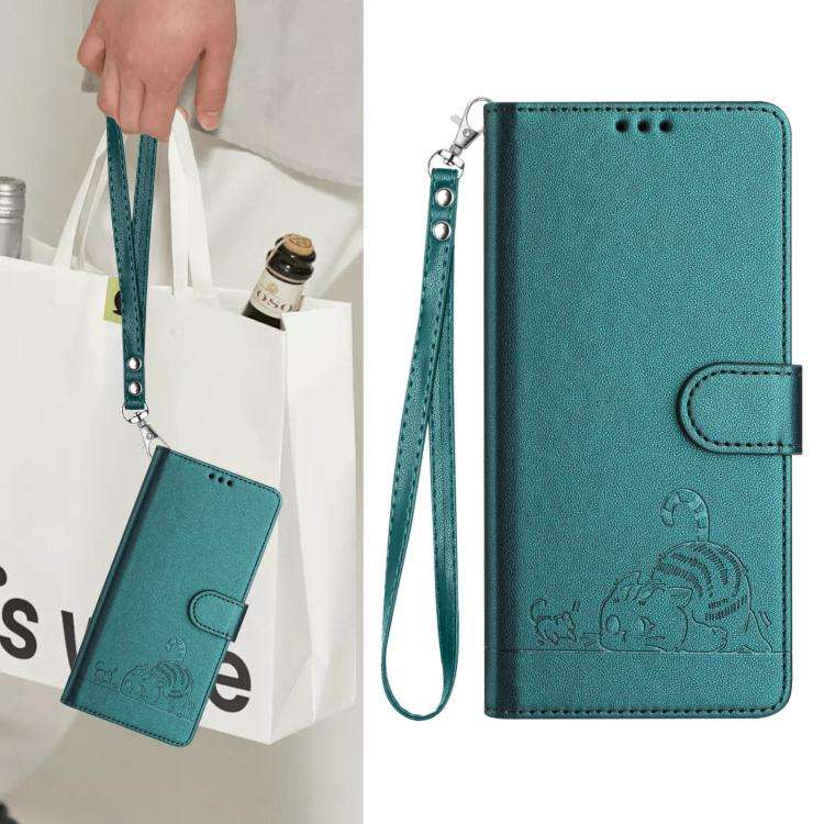 For Umidigi G100 Pro Cat Rat Embossed RFID Leather Phone Case with Lanyard(Peacock Green)