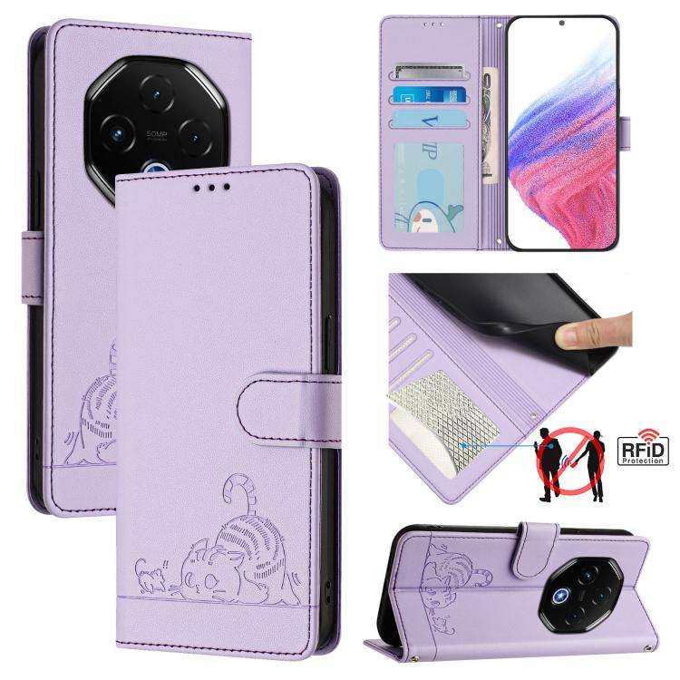 For Umidigi G100 Pro Cat Rat Embossed RFID Leather Phone Case with Lanyard(Purple)