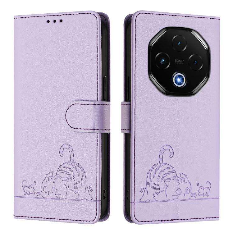 For Umidigi G100 Pro Cat Rat Embossed RFID Leather Phone Case with Lanyard(Purple)