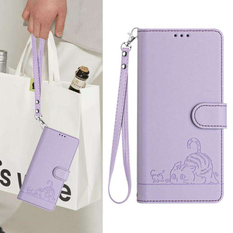For Umidigi G100 Pro Cat Rat Embossed RFID Leather Phone Case with Lanyard(Purple)