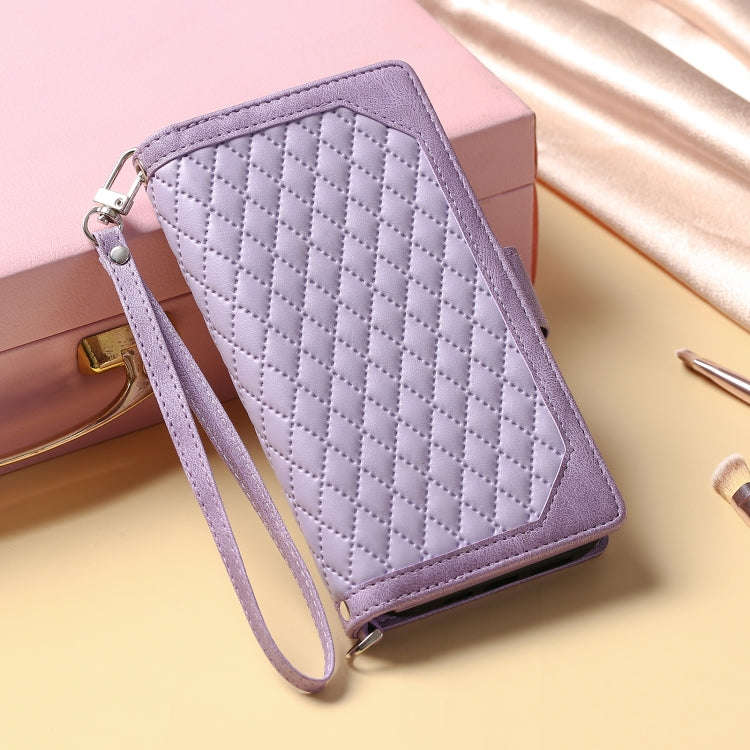 For Google Pixel 9 Pro XL Grid Texture Zipper Leather Phone Case with Lanyard(Purple)