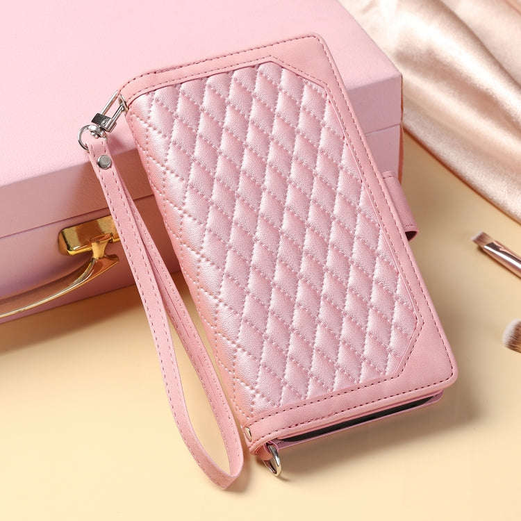 For Google Pixel 9 Pro XL Grid Texture Zipper Leather Phone Case with Lanyard(Rose Gold)