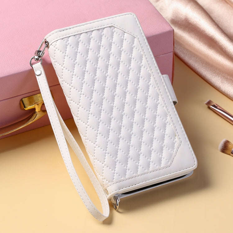 For Google Pixel 9 Pro XL Grid Texture Zipper Leather Phone Case with Lanyard(White)
