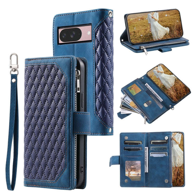 For Google Pixel 9 / 9 Pro Grid Texture Zipper Leather Phone Case with Lanyard(Blue)