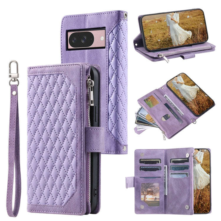 For Google Pixel 9 / 9 Pro Grid Texture Zipper Leather Phone Case with Lanyard(Purple)