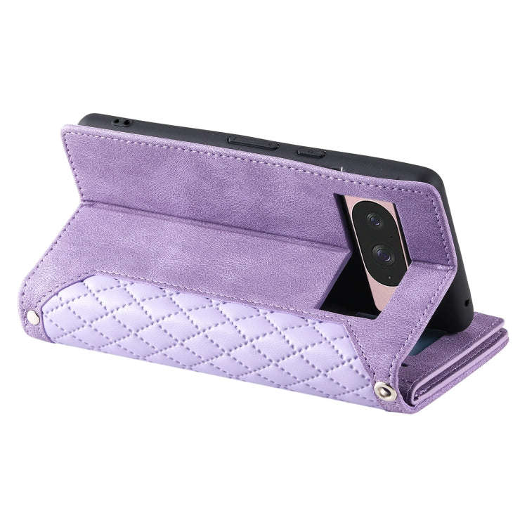 For Google Pixel 9 / 9 Pro Grid Texture Zipper Leather Phone Case with Lanyard(Purple)