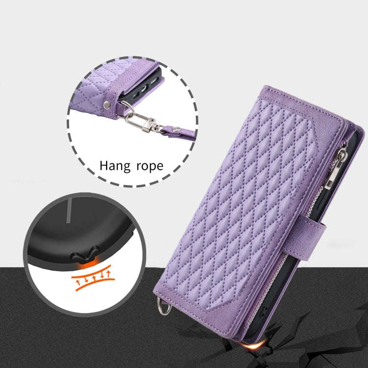 For Google Pixel 9 / 9 Pro Grid Texture Zipper Leather Phone Case with Lanyard(Purple)