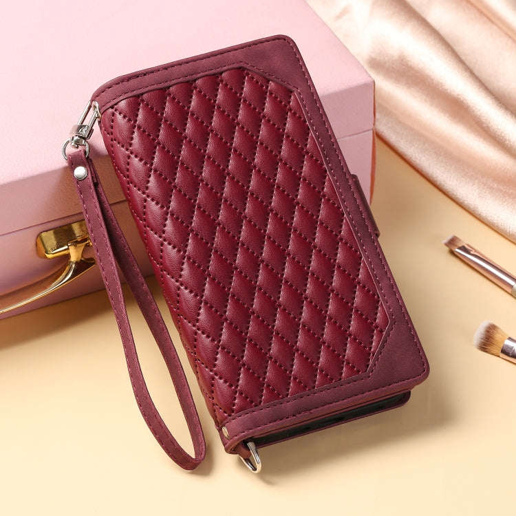 For Google Pixel 9 / 9 Pro Grid Texture Zipper Leather Phone Case with Lanyard(Wine Red)