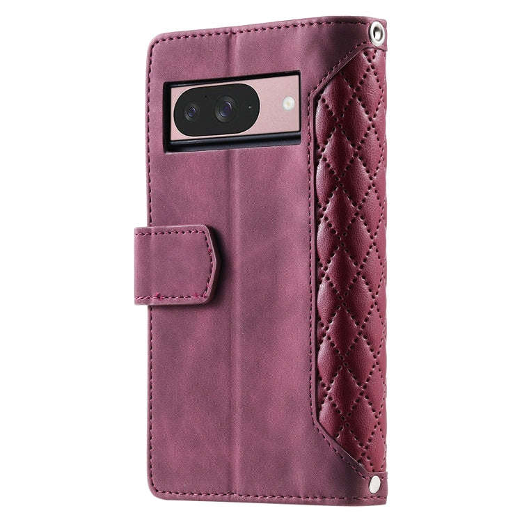 For Google Pixel 9 / 9 Pro Grid Texture Zipper Leather Phone Case with Lanyard(Wine Red)