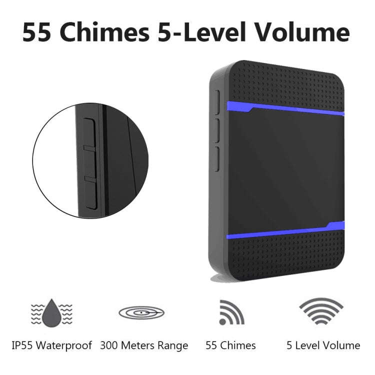 N15K-1T2-B 110dB IP55 Waterproof Wireless Doorbell, Receiver x 2 and Transmitter x 1, US Plug(Black)