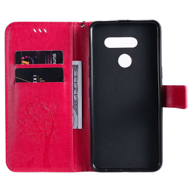 For LG K50S Tree & Cat Embossed Pattern Horizontal Flip Leather Case with Holder & Card Slots & W...