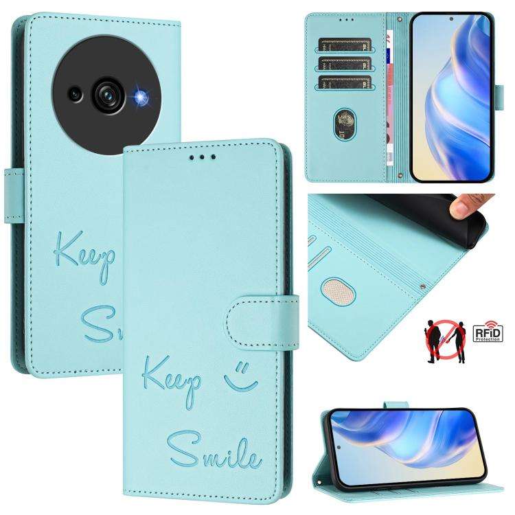 For Oukitel C59 / C59 Pro Smile Embossing RFID Leather Phone Case(Mint Green)