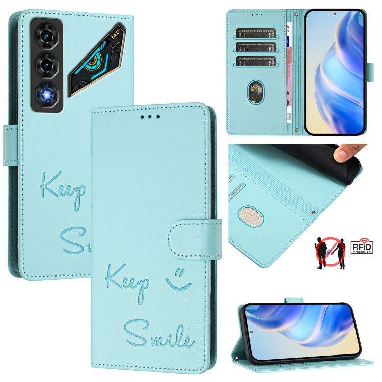 For ZTE nubia Neo 5 5G Smile Embossing RFID Leather Phone Case(Mint Green)