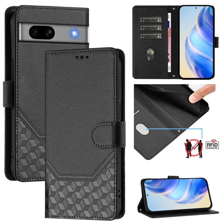 For Google Pixel 7a Honeycomb Embossing RFID Leather Phone Case(Black)