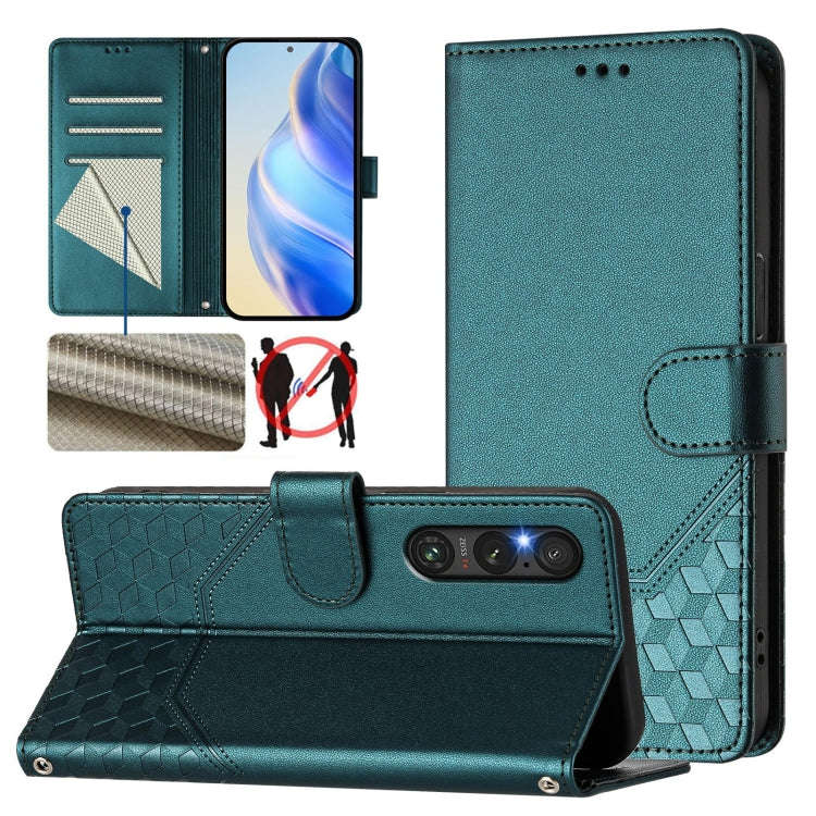 For Sony Xperia 1 V 2023 Honeycomb Embossing RFID Leather Phone Case(Peacock Green)