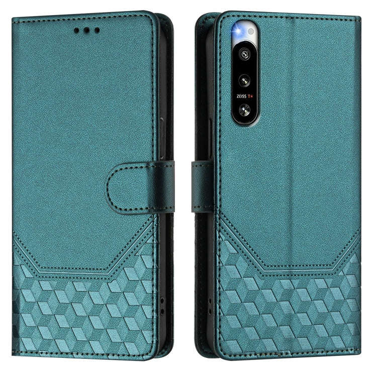 For Sony Xperia 5 IV Honeycomb Embossing RFID Leather Phone Case(Peacock Green)