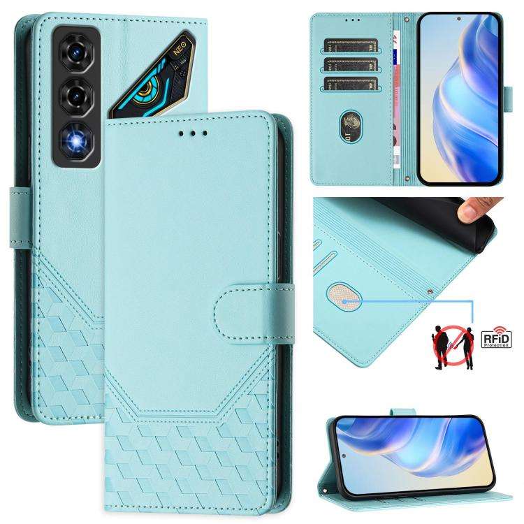 For ZTE nubia Neo 5 5G Honeycomb Embossing RFID Leather Phone Case(Mint Green)