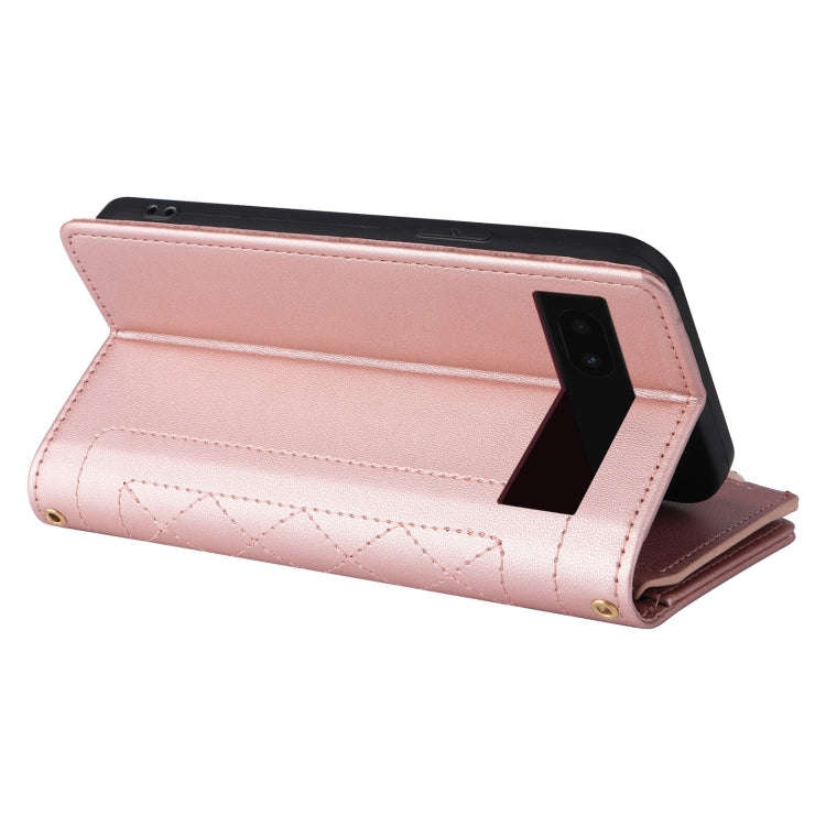For Google Pixel 7a Crossbody Zipper Wallet Rhombus Leather Phone Case(Rose Gold)