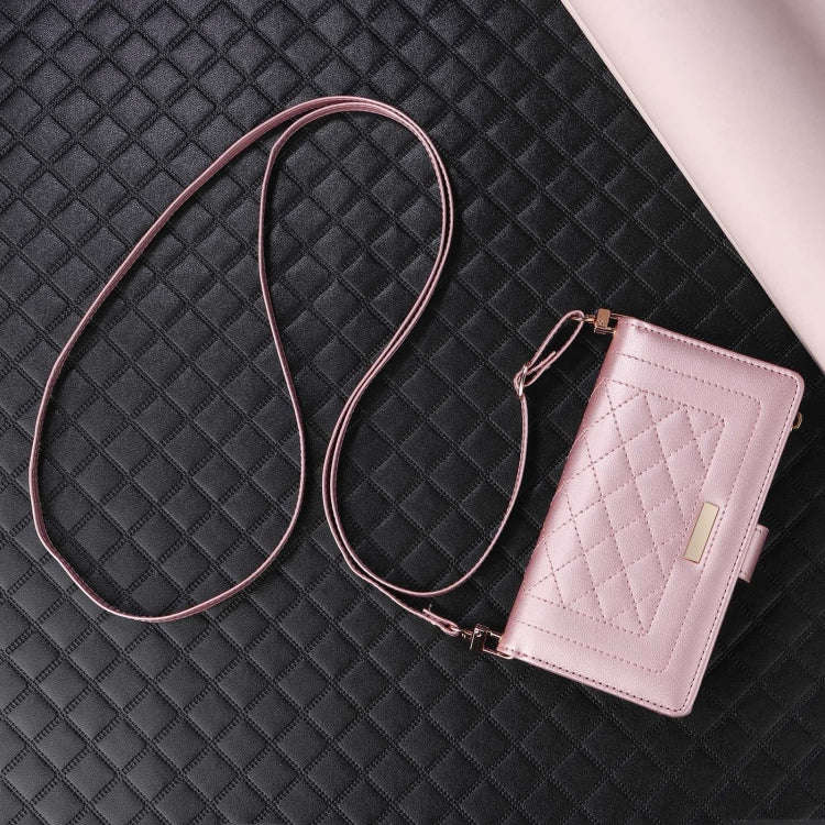 For Google Pixel 6a Crossbody Zipper Wallet Rhombus Leather Phone Case(Rose Gold)