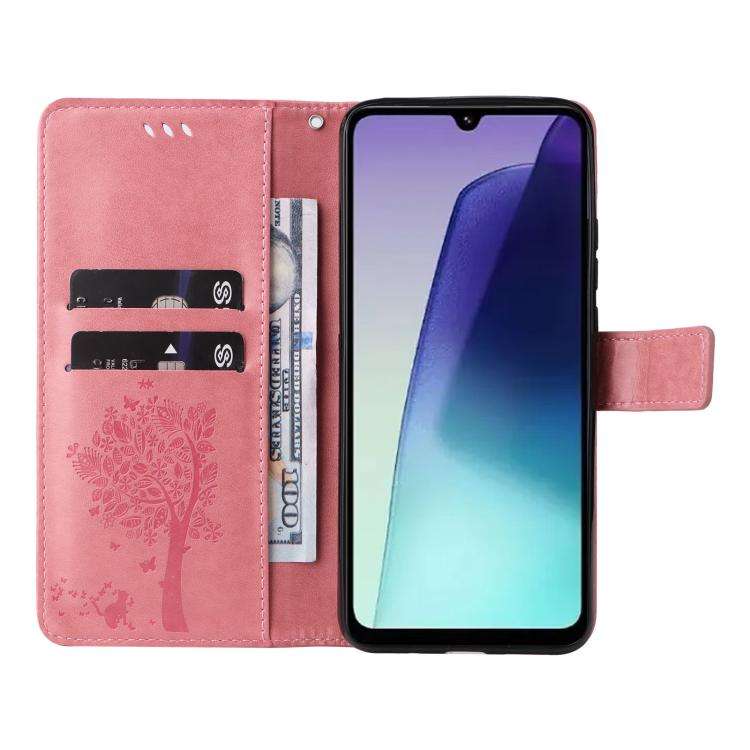 For Redmi 17C/14C 4G/A4 5G/Poco C75 5G Tree & Cat Embossed Pattern Flip Leather Phone Case(Pink)