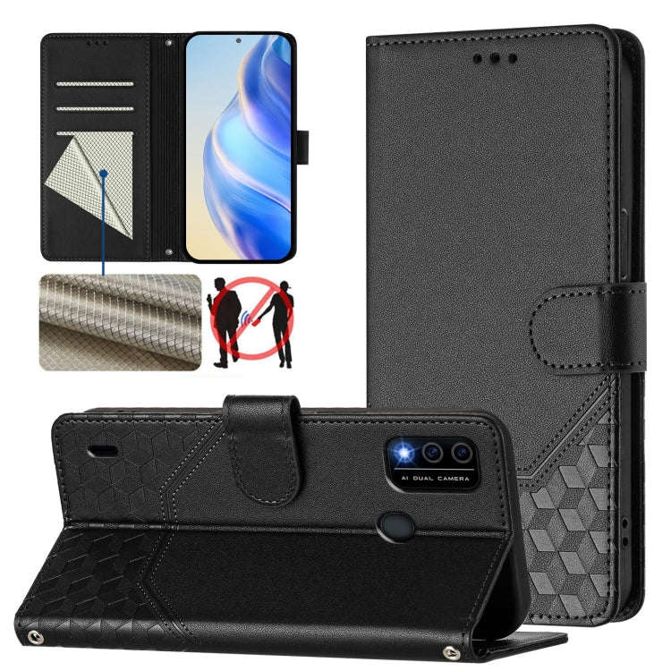 For itel A48 Honeycomb Embossing RFID Leather Phone Case(Black)