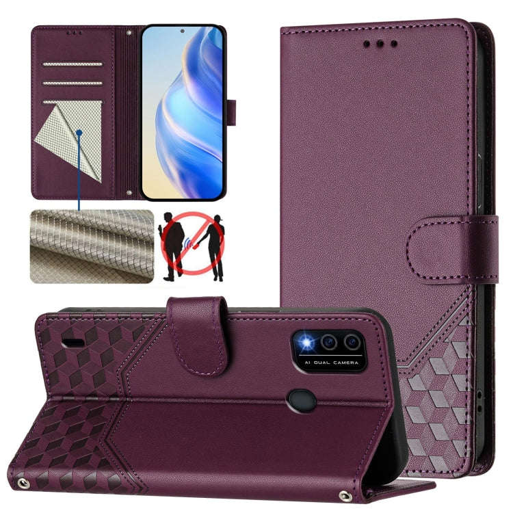 For itel A48 Honeycomb Embossing RFID Leather Phone Case(Violet)
