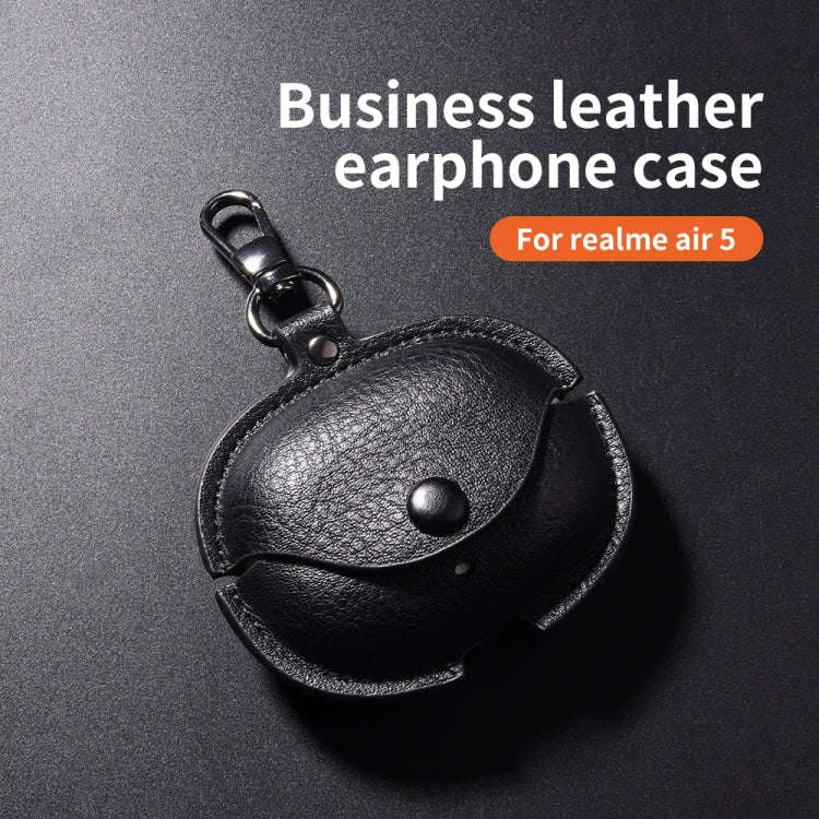 For Realme Buds Air 5 Pro Leather Earphone Protective Case with Hook(Dark Brown)