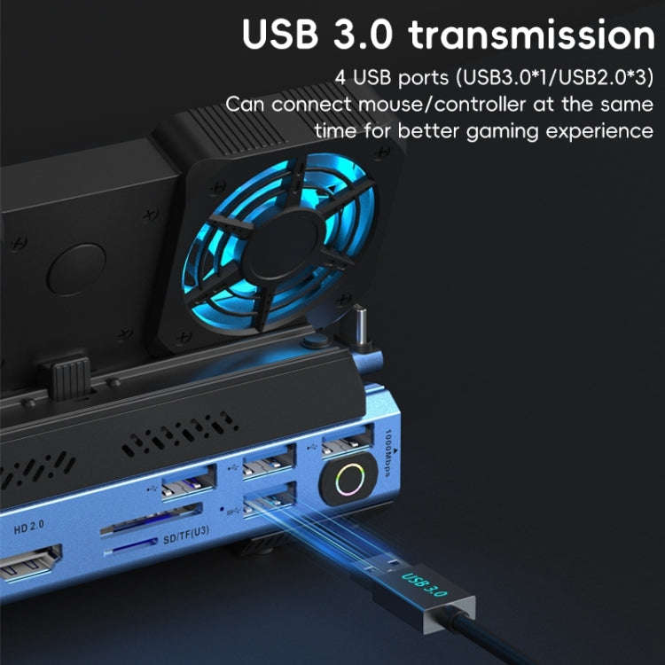 YCE-V279 10 in 1 USB-C Gaming Dock Station Hard Disk Enclosure with Detachable Fan(Blue Black)