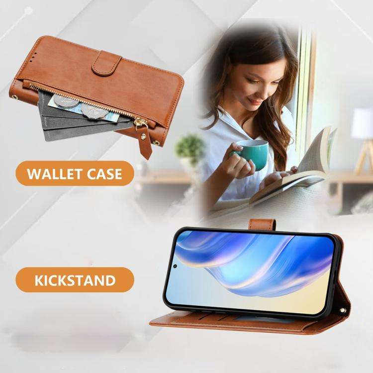 For Oukitel C59 / C59 Pro Multi-Card Slots Zipper Wallet Leather Phone Case(Brown)