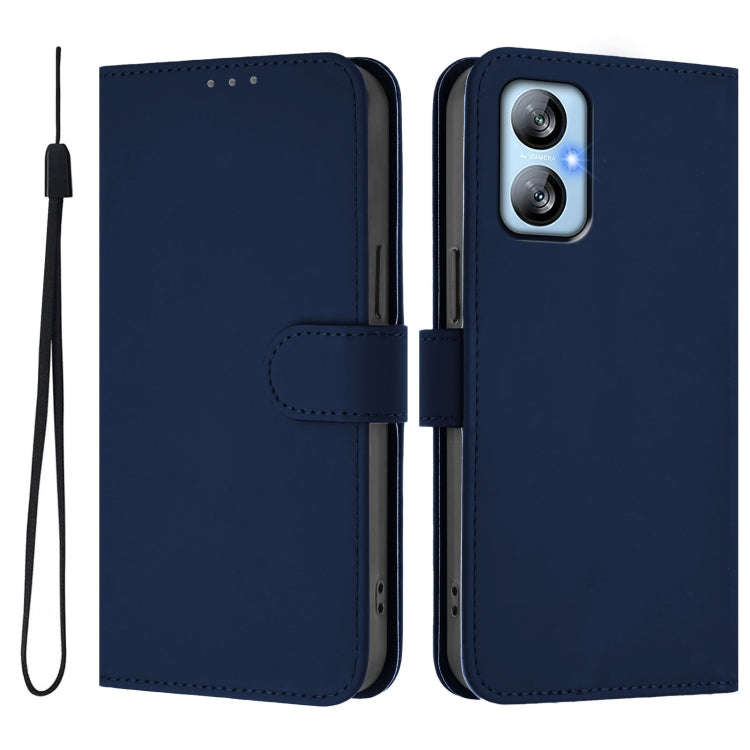 For Blackview A52 / A52 Pro Skin Feel Solid Color Leather Phone Case with Lanyard(Navy Blue)