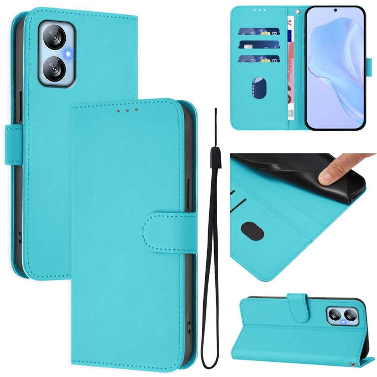 For Blackview A52 / A52 Pro Skin Feel Solid Color Leather Phone Case with Lanyard(Lake Blue)