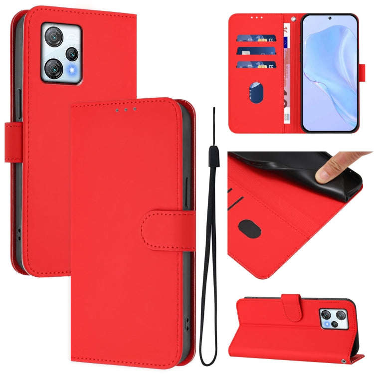 For Blackview A53 Skin Feel Solid Color Leather Phone Case with Lanyard(Red)