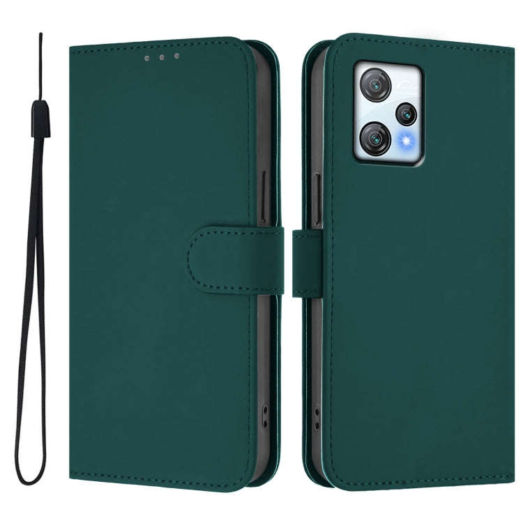 For Blackview A53 Skin Feel Solid Color Leather Phone Case with Lanyard(Dark Green)