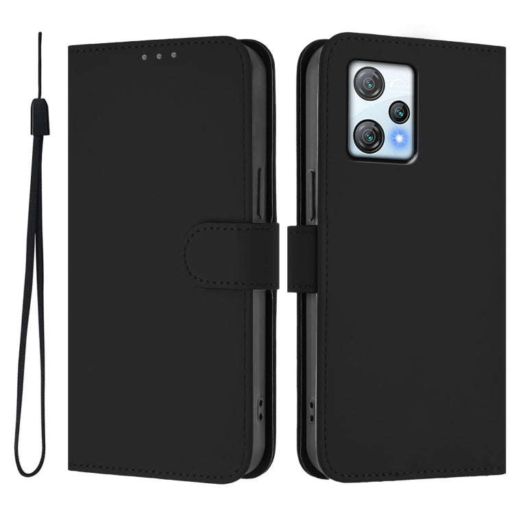 For Blackview A53 Skin Feel Solid Color Leather Phone Case with Lanyard(Black)