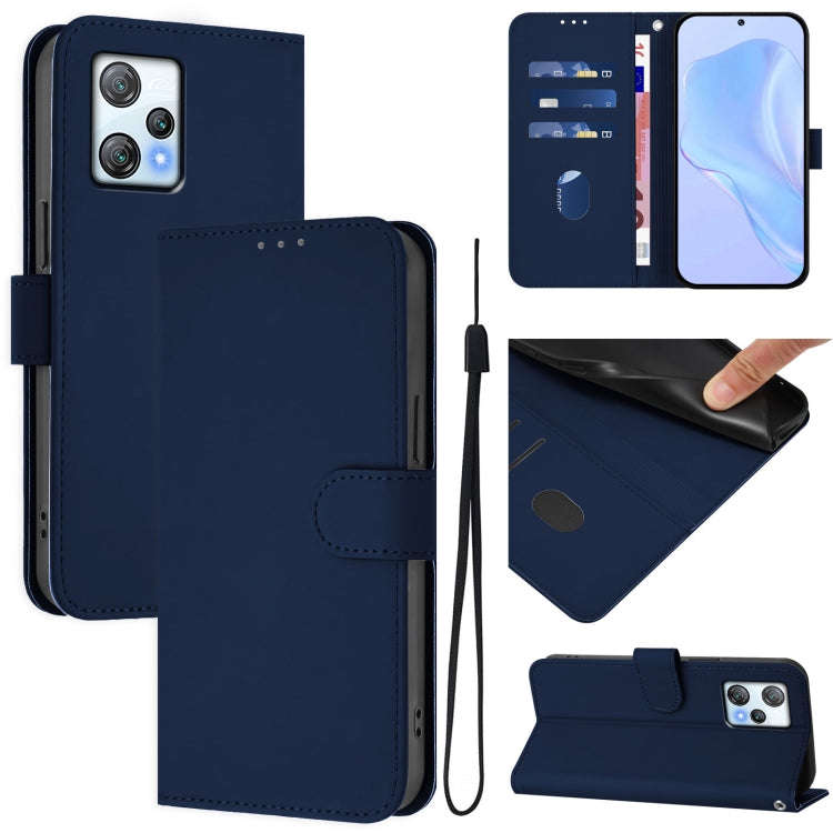 For Blackview A53 Skin Feel Solid Color Leather Phone Case with Lanyard(Navy Blue)
