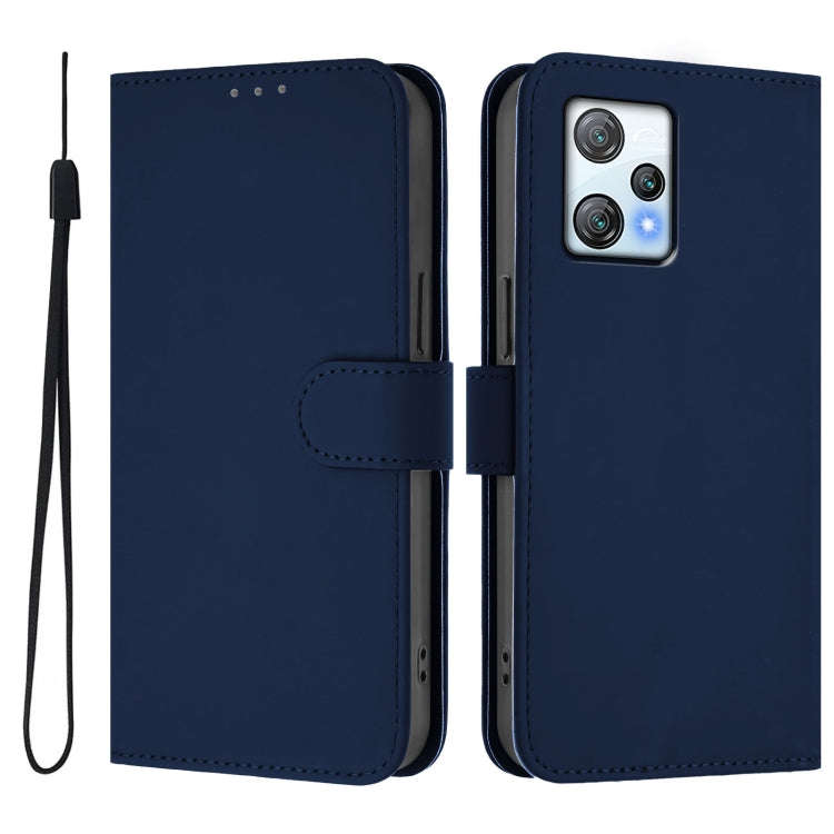 For Blackview A53 Skin Feel Solid Color Leather Phone Case with Lanyard(Navy Blue)