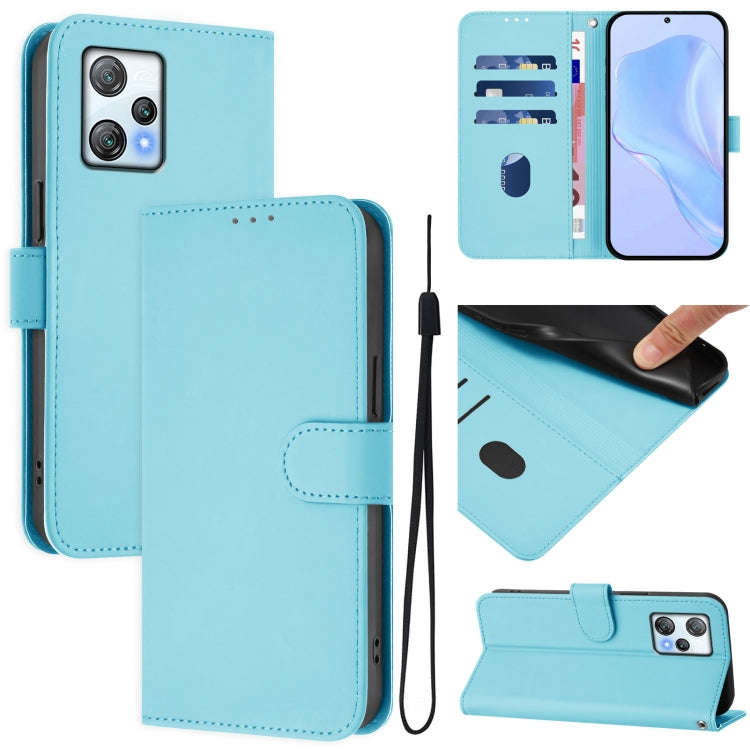 For Blackview A53 Skin Feel Solid Color Leather Phone Case with Lanyard(Sky Blue)