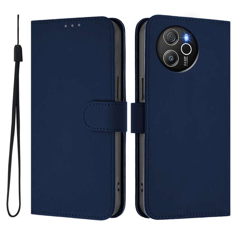 For Blackview Shark 8 / Oscal Tiger 12 Skin Feel Solid Color Leather Phone Case with Lanyard(Navy...