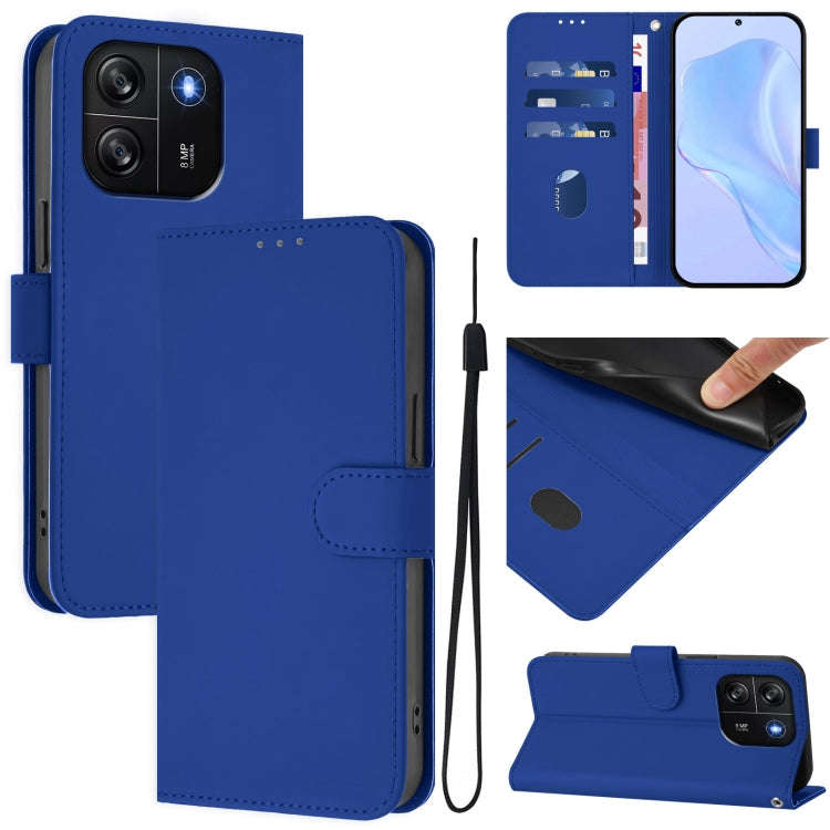 For Blackview Wave 6C Skin Feel Solid Color Leather Phone Case with Lanyard(Dark Blue)