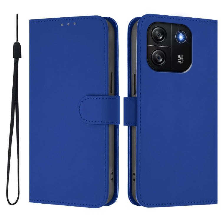 For Blackview Wave 6C Skin Feel Solid Color Leather Phone Case with Lanyard(Dark Blue)