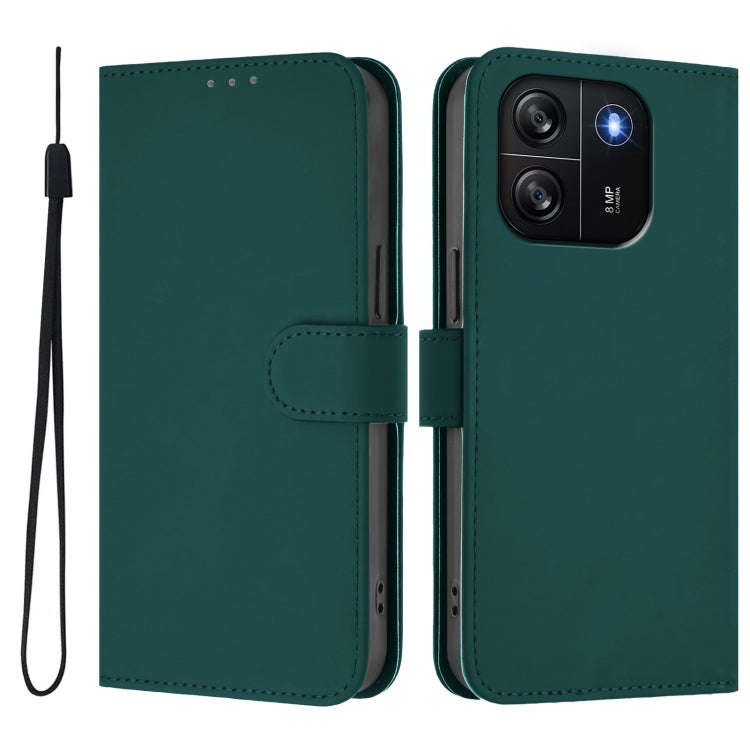 For Blackview Wave 6C Skin Feel Solid Color Leather Phone Case with Lanyard(Dark Green)