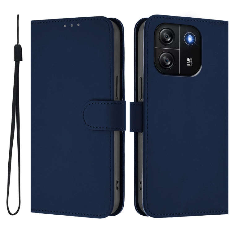 For Blackview Wave 6C Skin Feel Solid Color Leather Phone Case with Lanyard(Navy Blue)