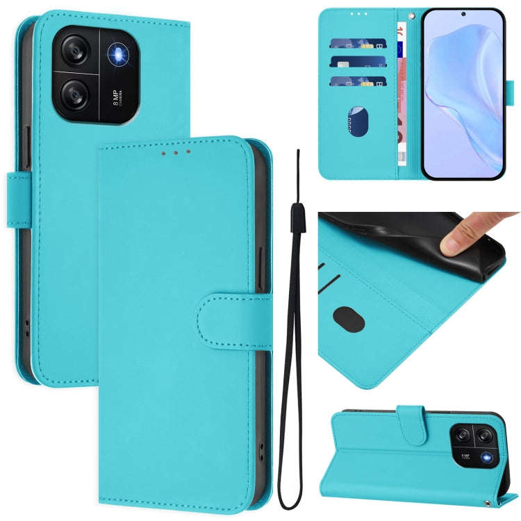 For Blackview Wave 6C Skin Feel Solid Color Leather Phone Case with Lanyard(Lake Blue)