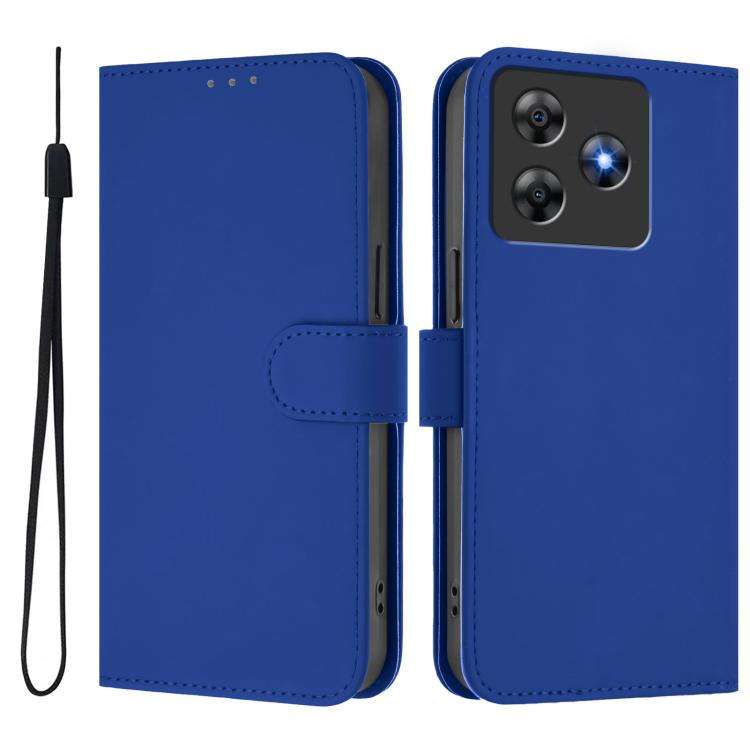 For Blackview Wave 8C Skin Feel Solid Color Leather Phone Case with Lanyard(Dark Blue)