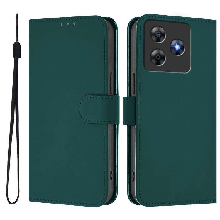 For Blackview Wave 8C Skin Feel Solid Color Leather Phone Case with Lanyard(Dark Green)