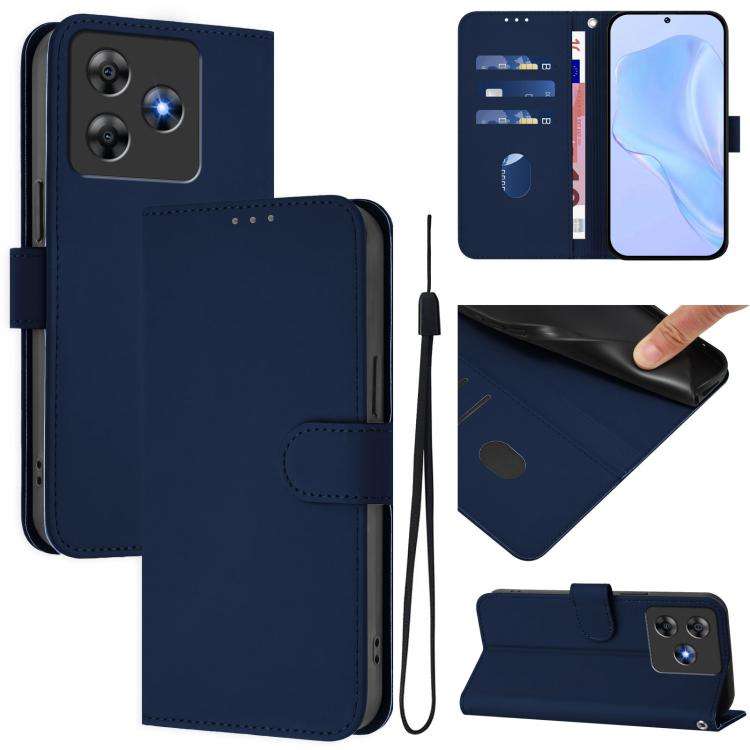 For Blackview Wave 8C Skin Feel Solid Color Leather Phone Case with Lanyard(Navy Blue)